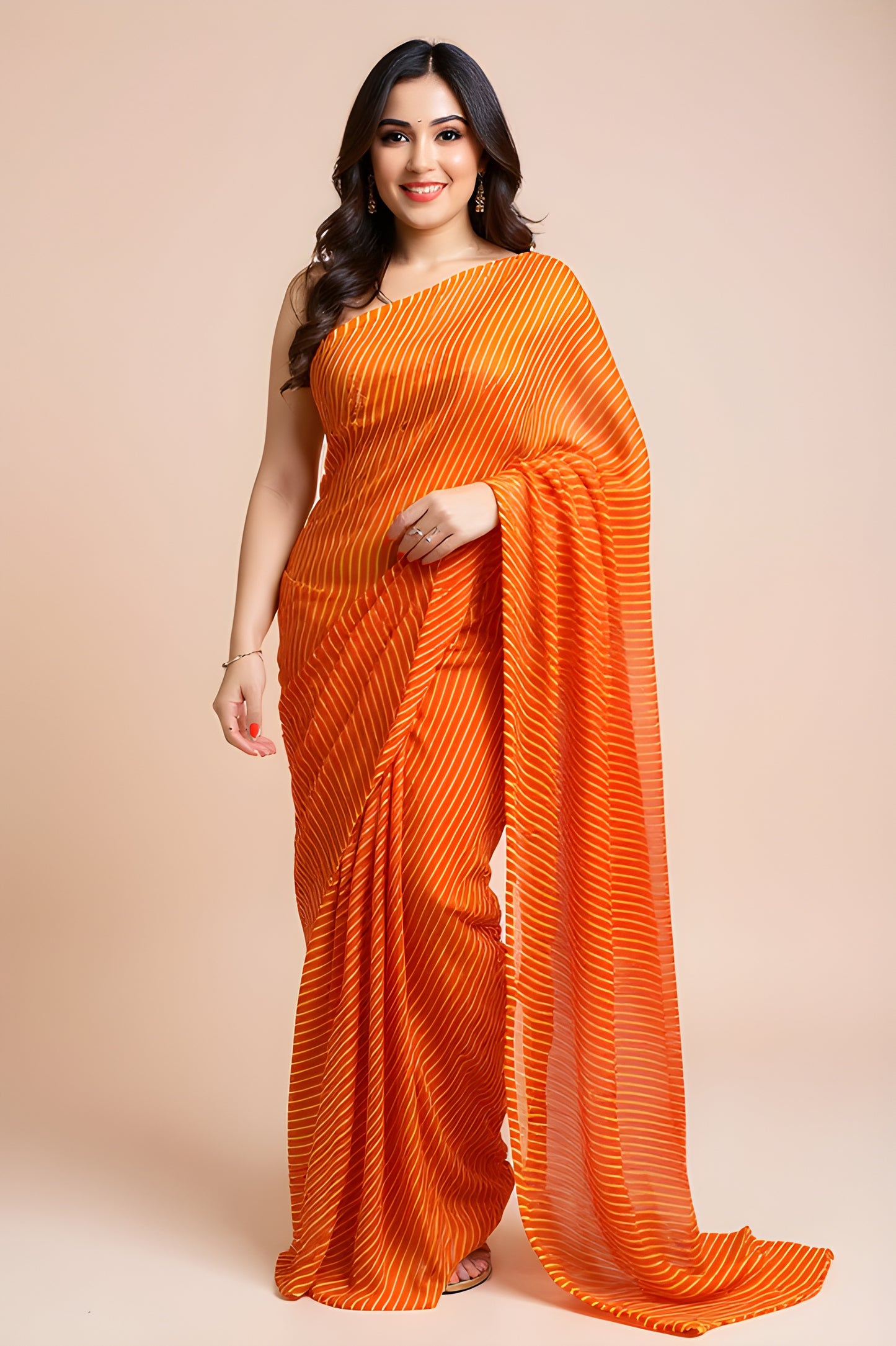 Printed Orange Red Leheriya Saree