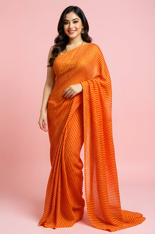 Printed Orange Red Leheriya Saree