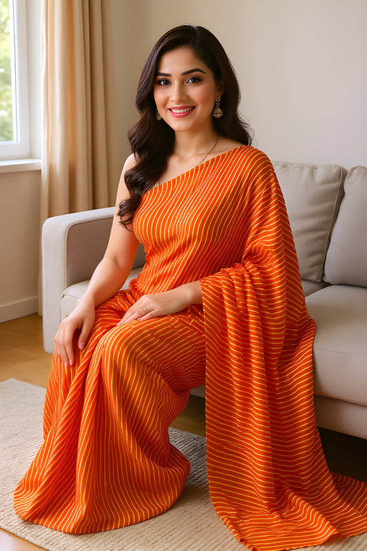 Printed Orange Red Leheriya Saree