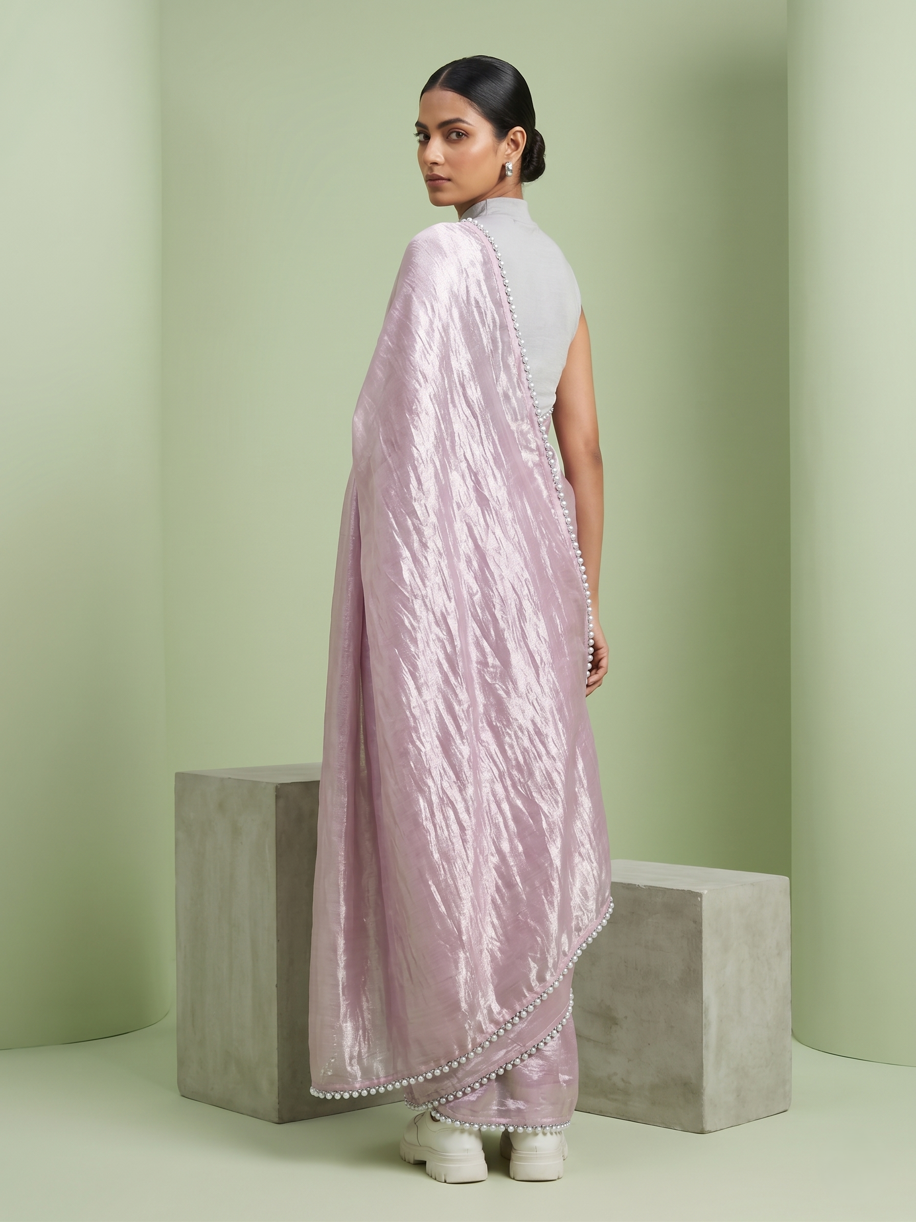 Pastel Light Pink Tissue Saree with Pearl Border