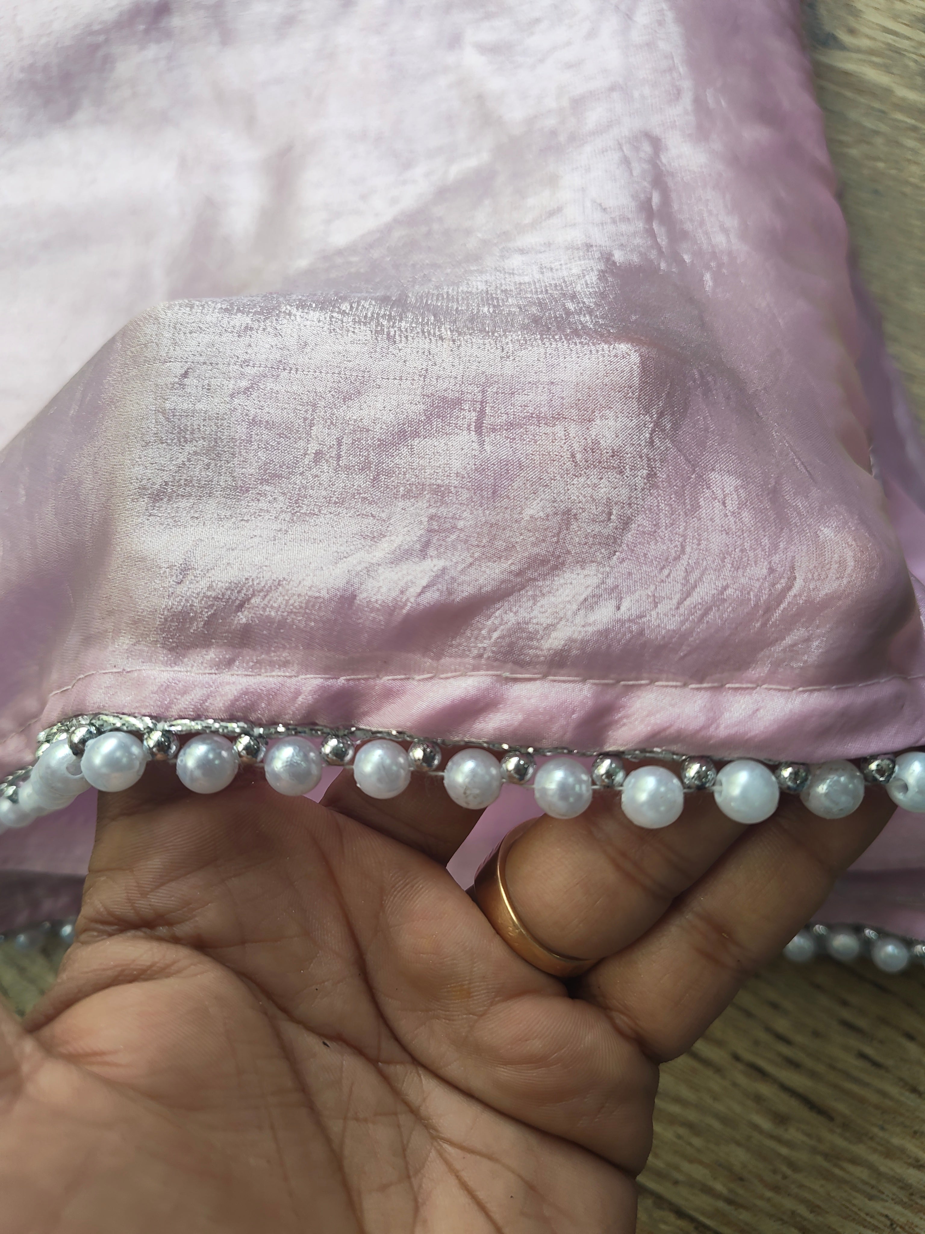 Pastel Light Pink Tissue Saree with Pearl Border