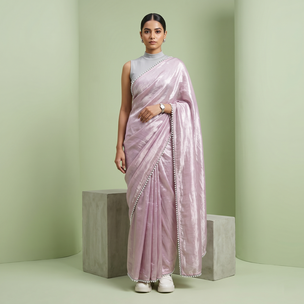 Pastel Light Pink Tissue Saree with Pearl Border