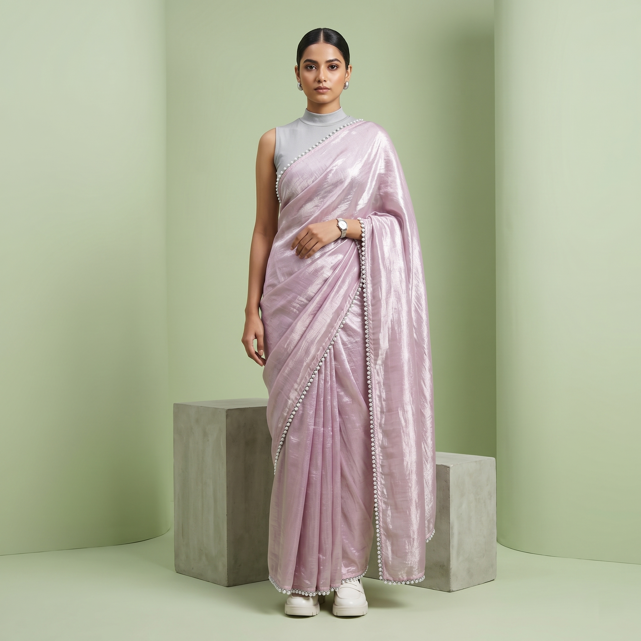 Pastel Light Pink Tissue Saree with Pearl Border