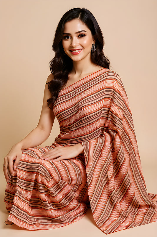 Printed Peach Leheriya Saree