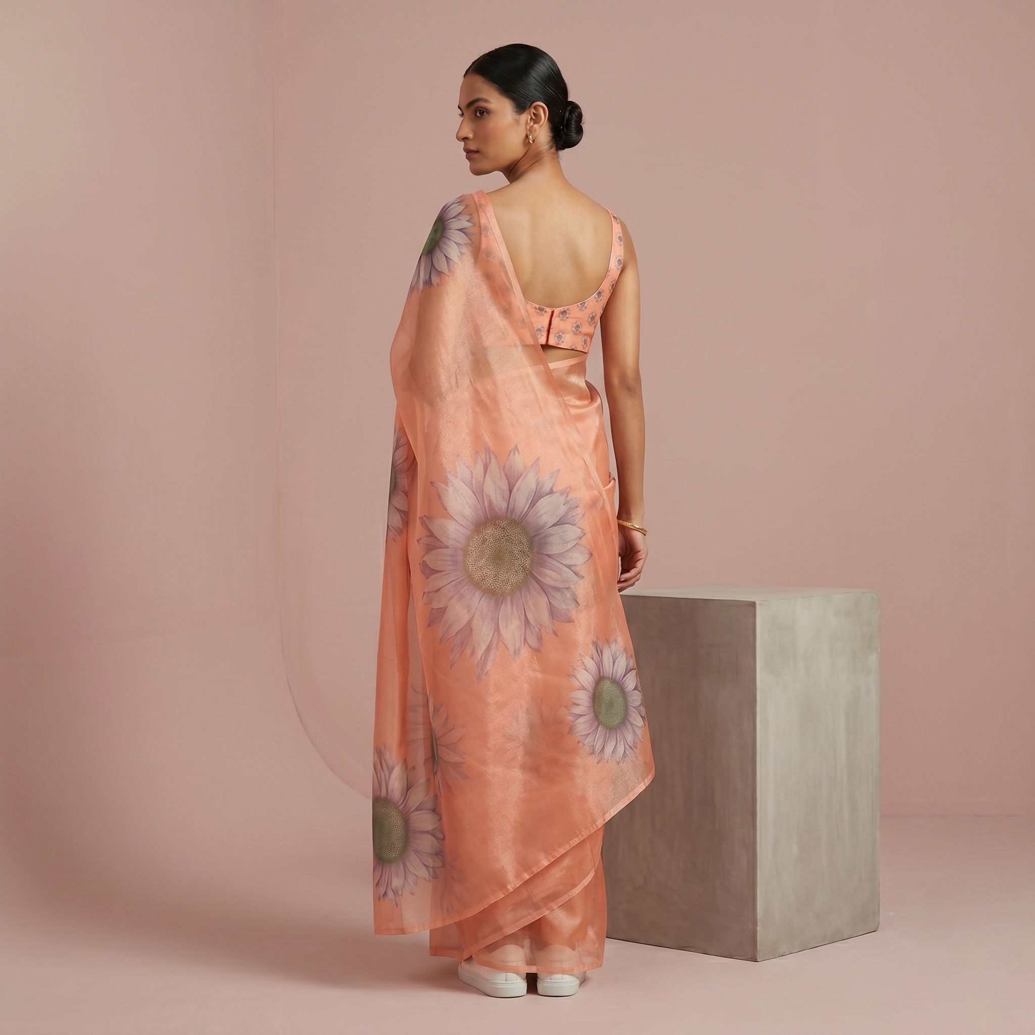 Digital Sunflower Printed Soft Tissue Organza Saree in Peach Colour