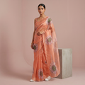 Digital Sunflower Printed Soft Tissue Organza Saree in Peach Colour