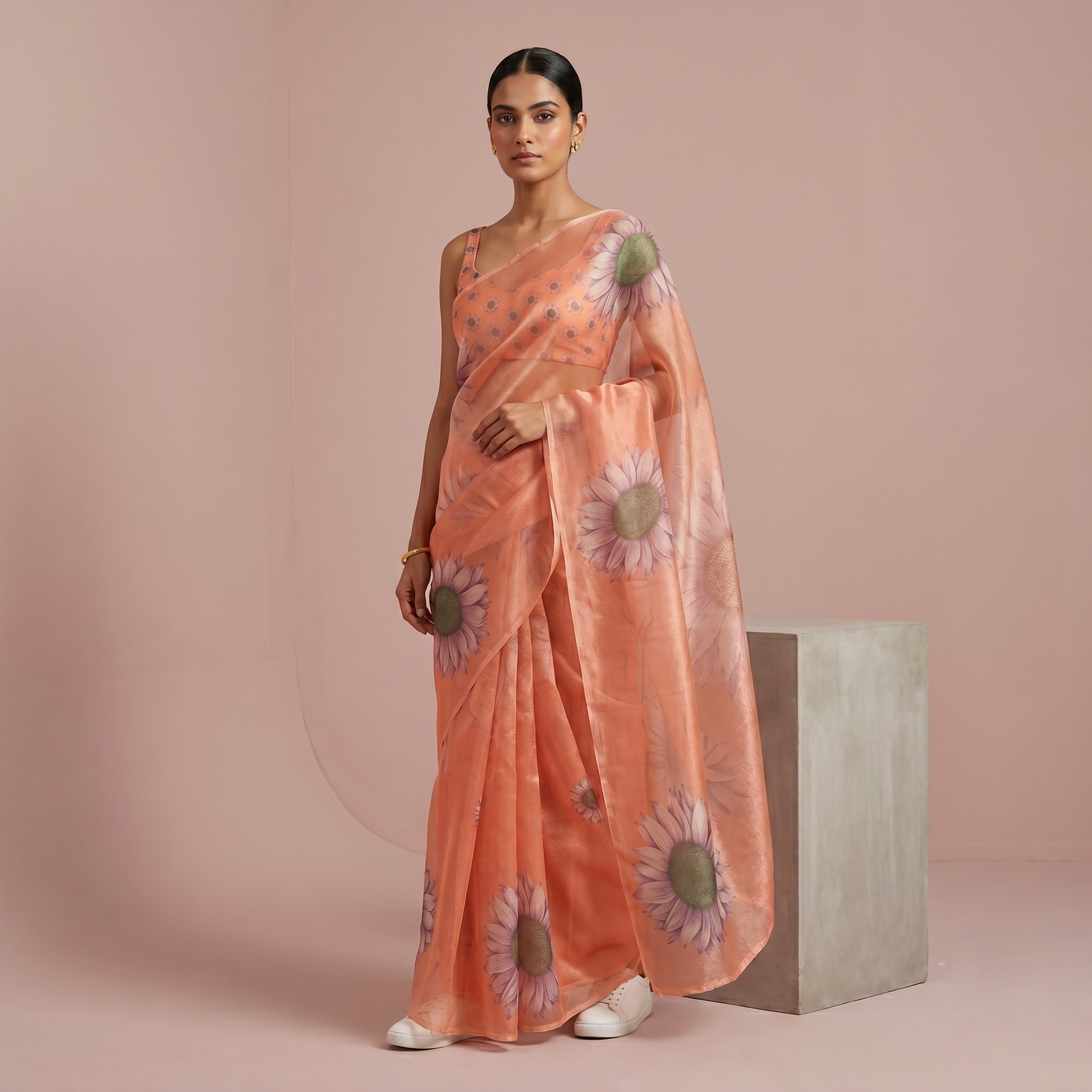 Digital Sunflower Printed Soft Tissue Organza Saree in Peach Colour
