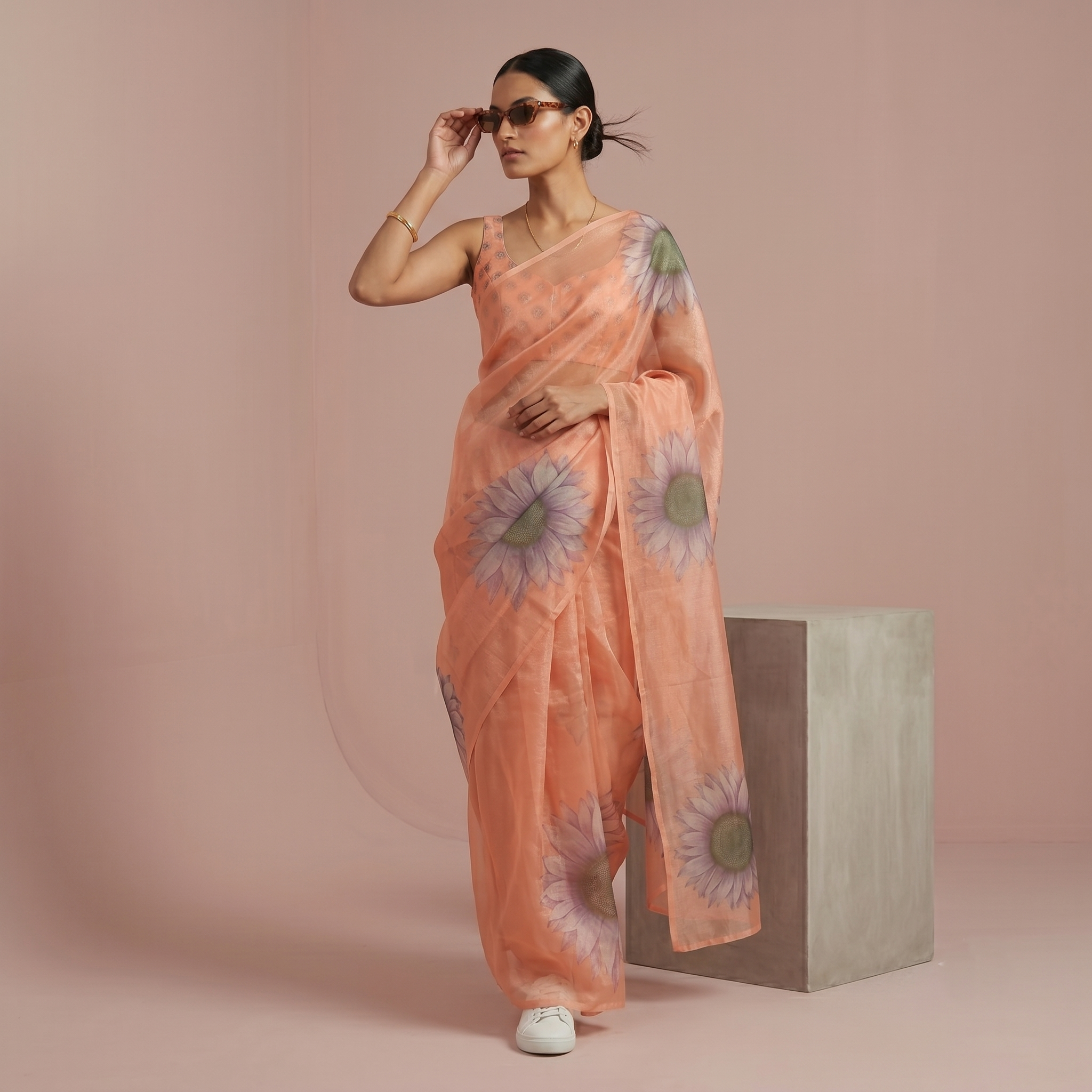 Digital Sunflower Printed Soft Tissue Organza Saree in Peach Colour