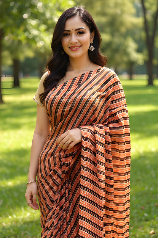 Printed Peach and Black Leheriya Saree