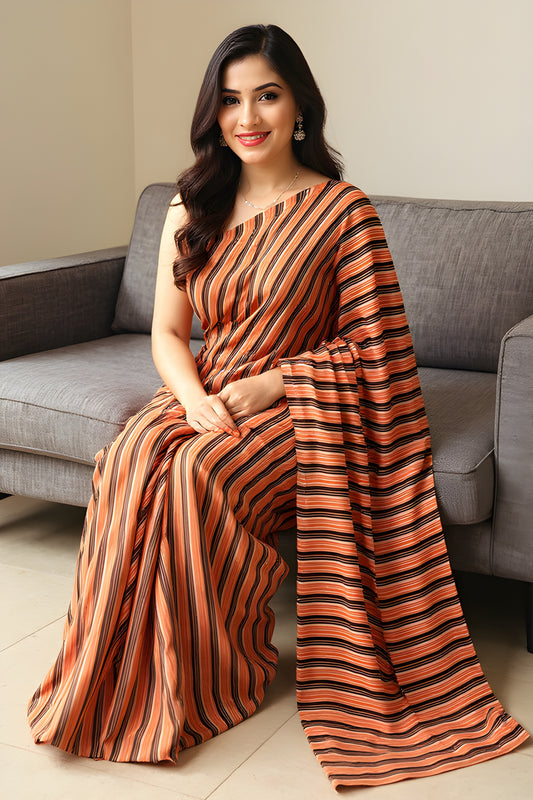 Printed Peach and Black Leheriya Saree