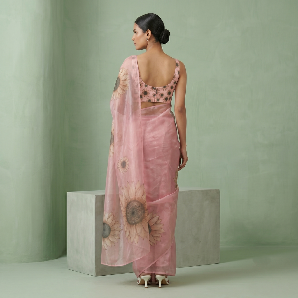 Digital Sunflower Printed Soft Tissue Organza Saree in Baby Pink Colour