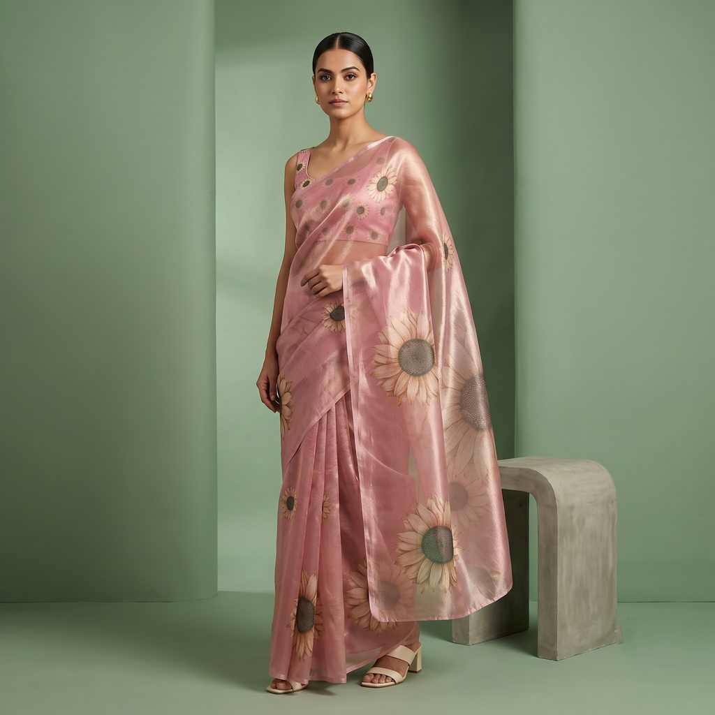 Digital Sunflower Printed Soft Tissue Organza Saree in Baby Pink Colour