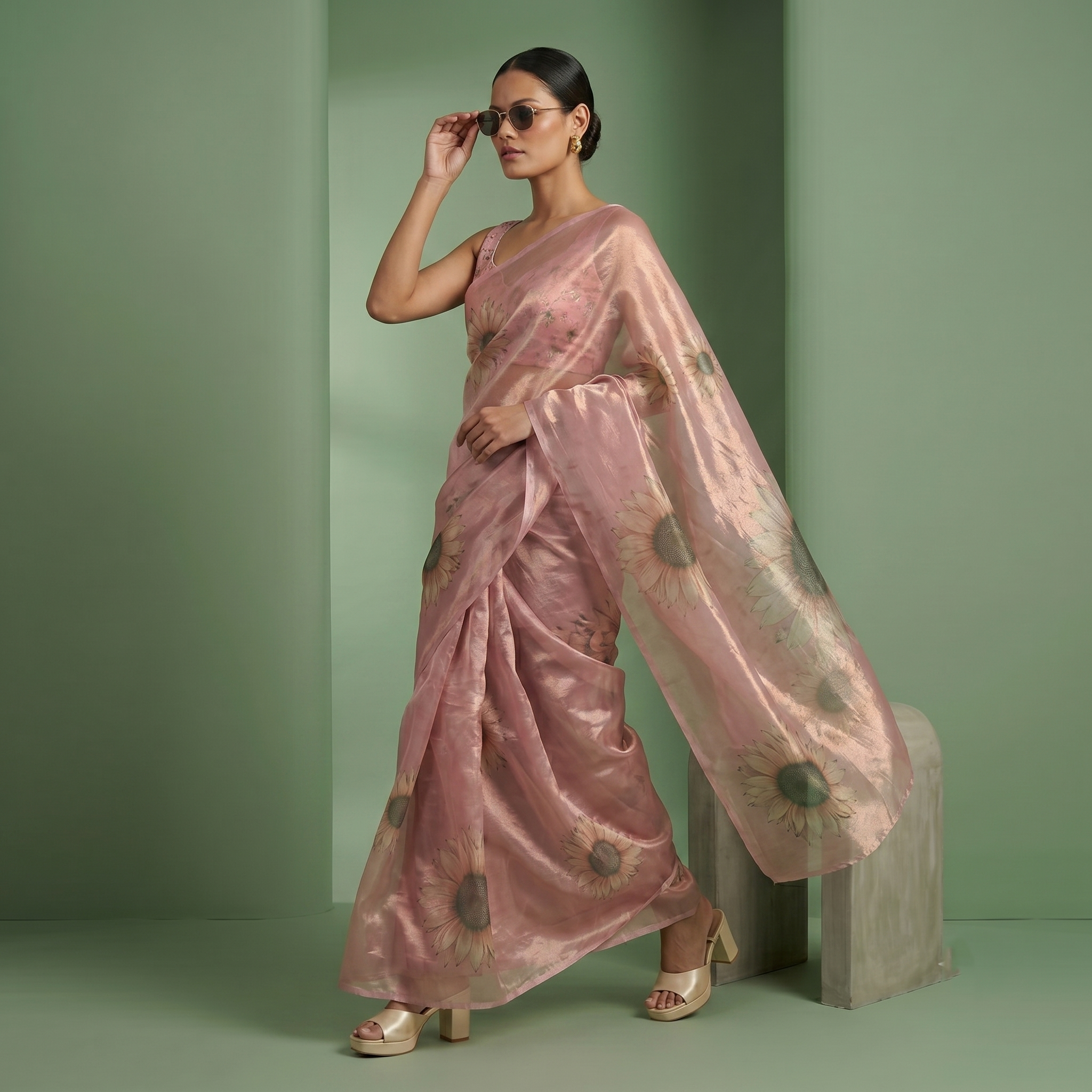 Digital Sunflower Printed Soft Tissue Organza Saree in Baby Pink Colour