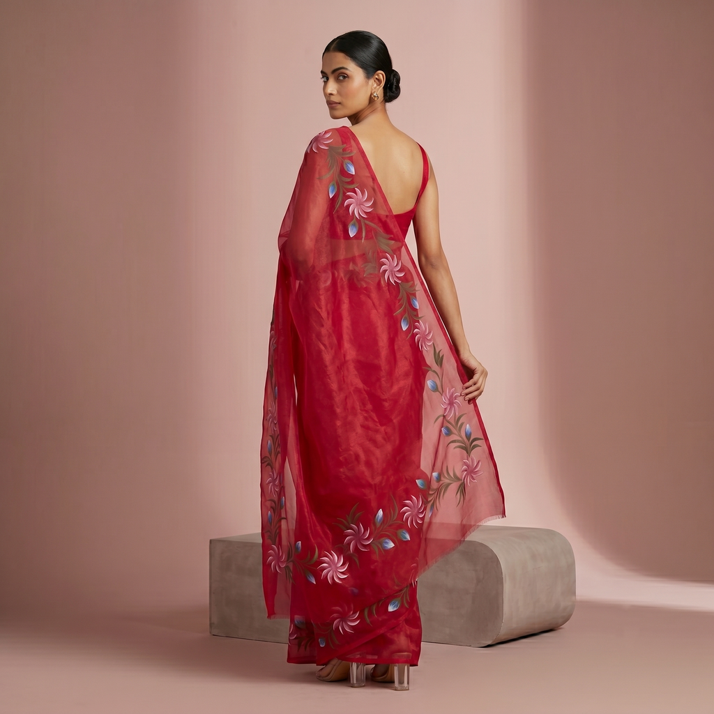 Hand Painted Soft Tissue Saree in Pink Colour