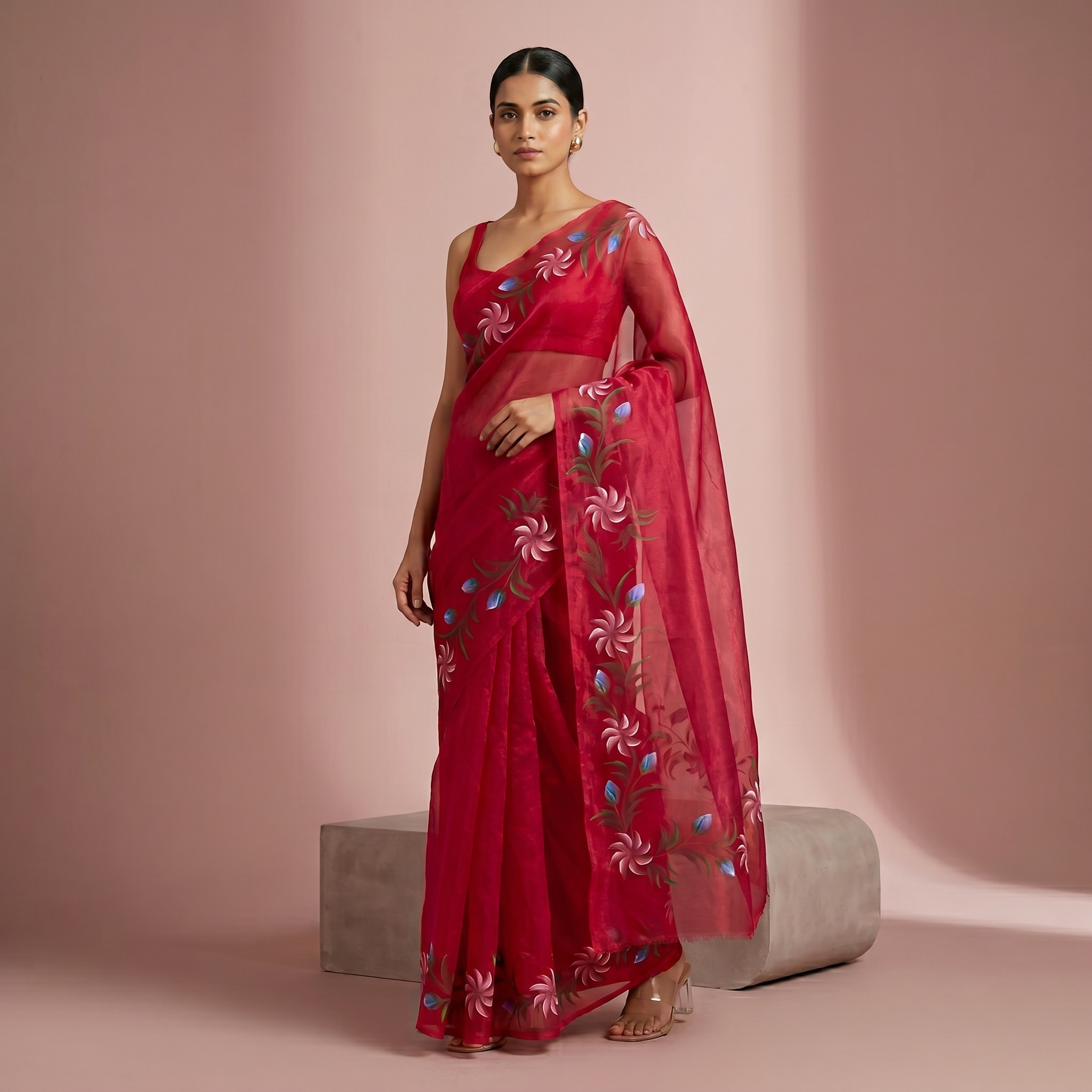 Hand Painted Soft Tissue Saree in Pink Colour