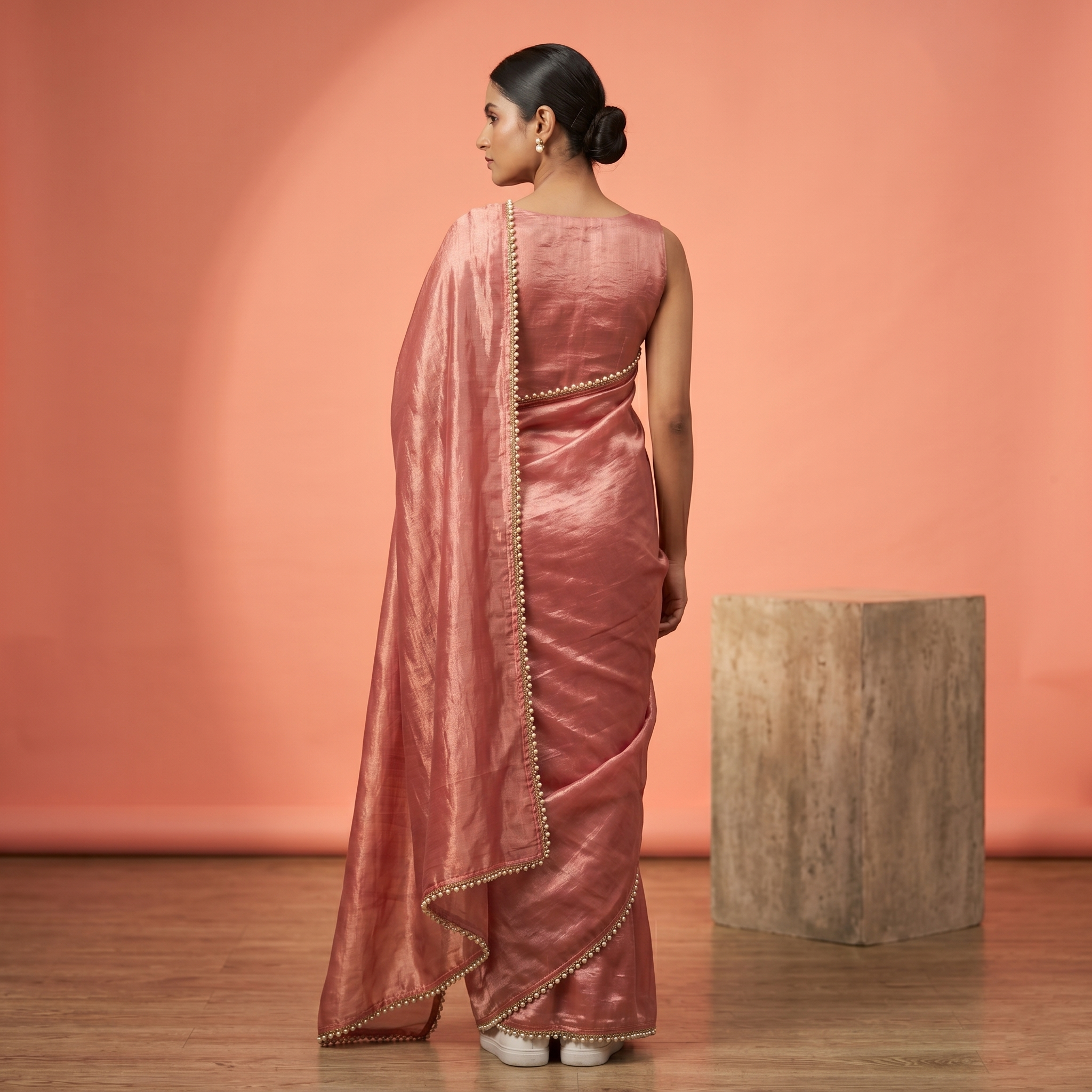 Pink Tissue Saree with Pearl Border