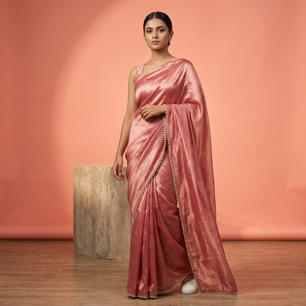 Pink Tissue Saree with Pearl Border