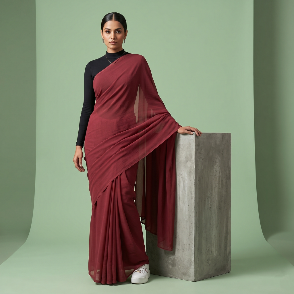 Plain chiffon saree in Maroon