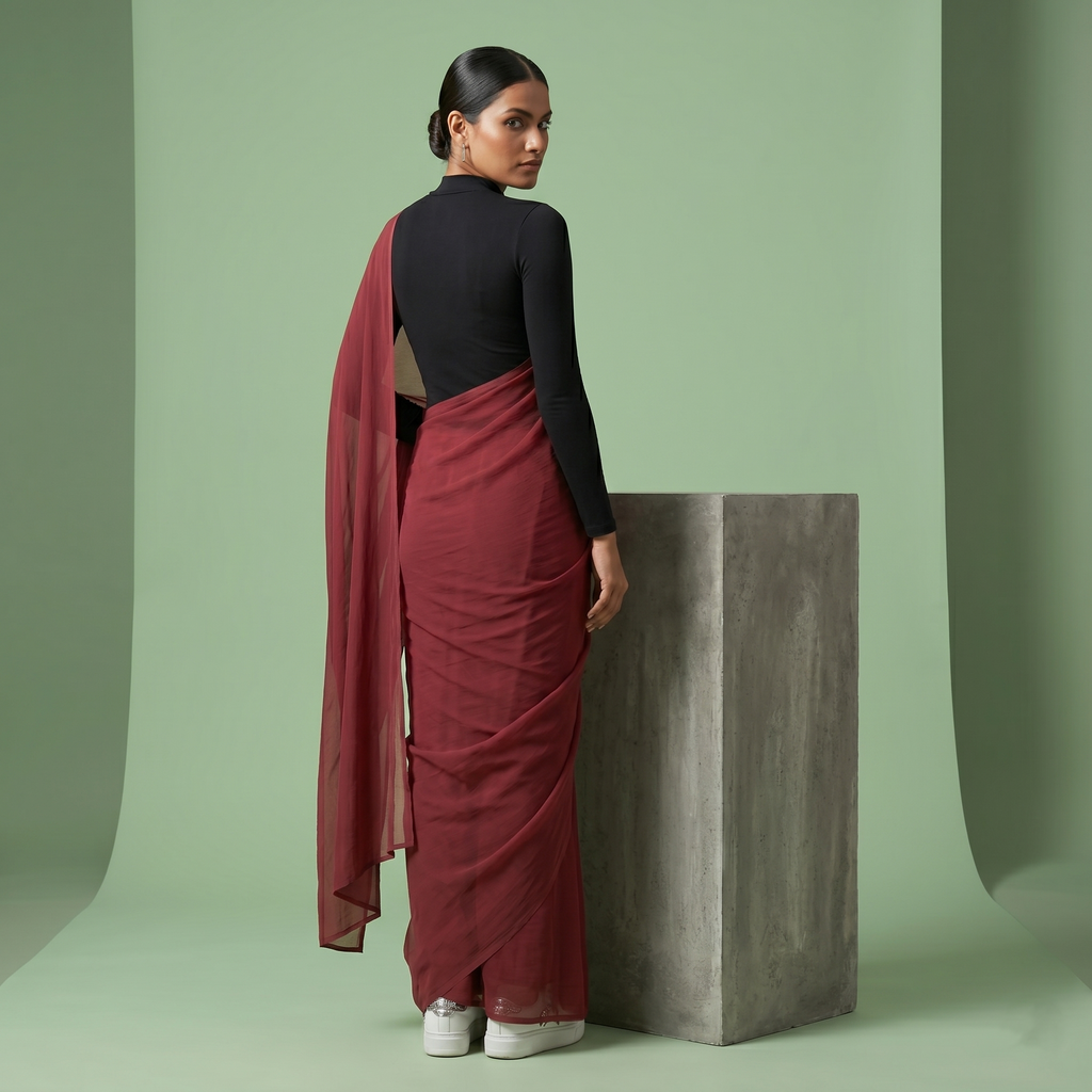 Plain chiffon saree in Maroon