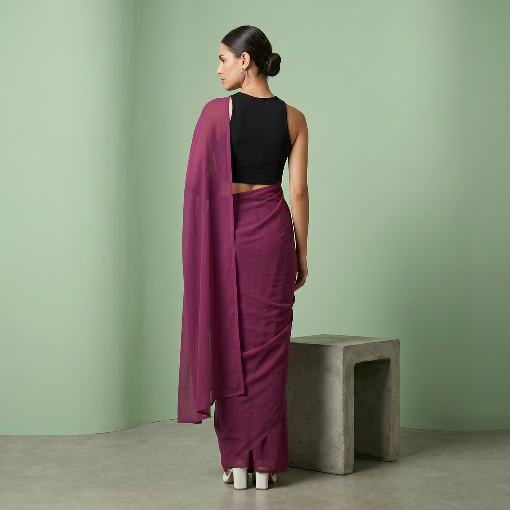 Plain chiffon saree in Wine Burgundy
