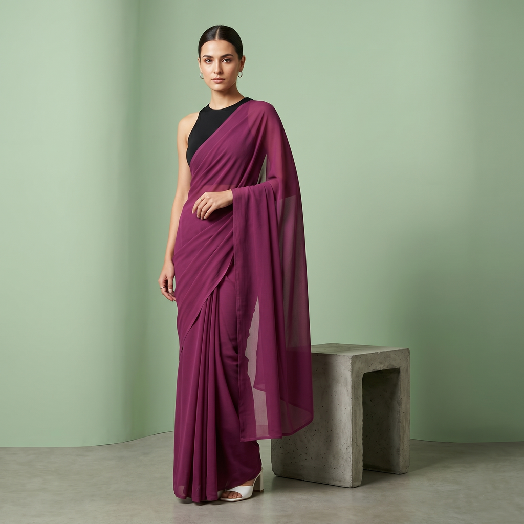 Plain chiffon saree in Wine Burgundy