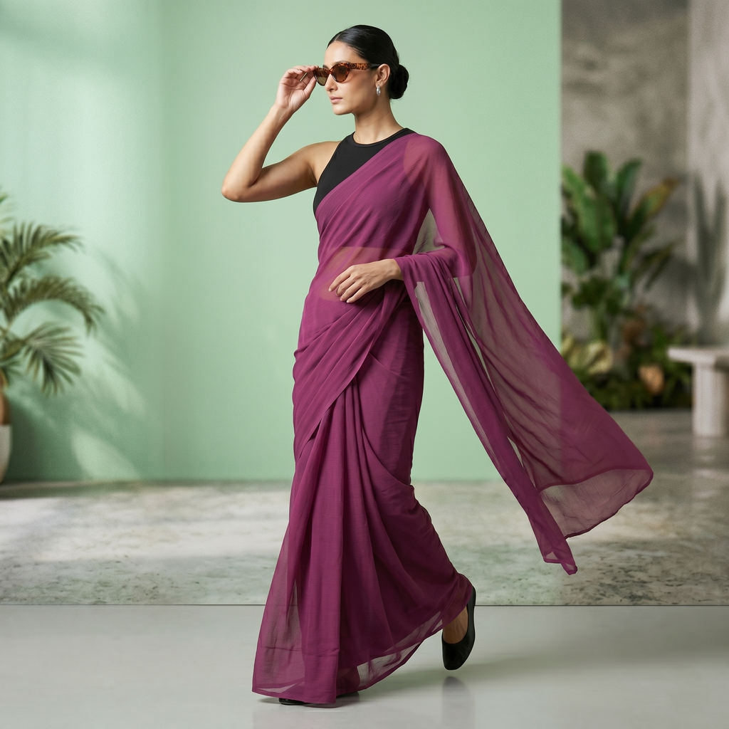 Plain chiffon saree in Wine Burgundy