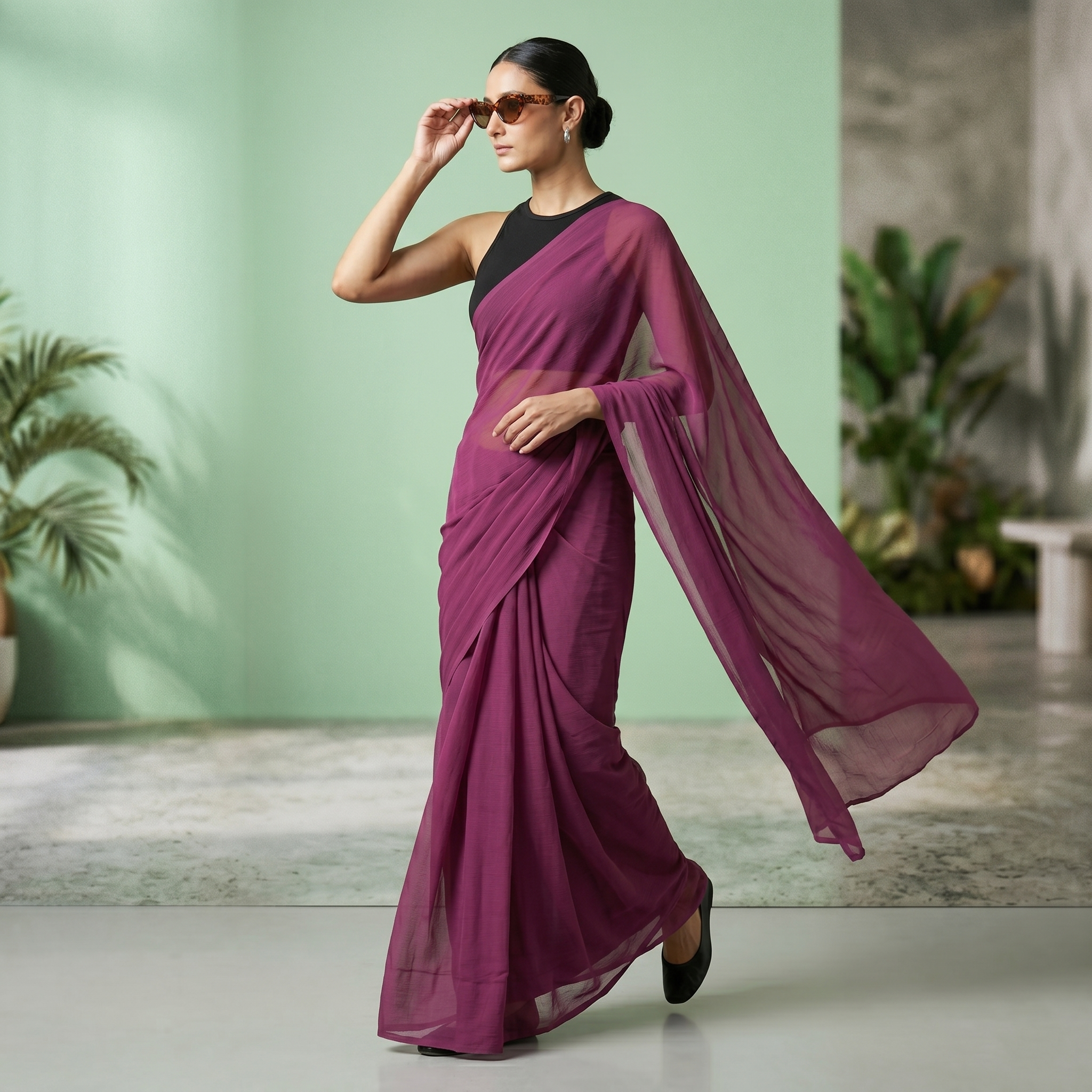 Plain chiffon saree in Wine Burgundy