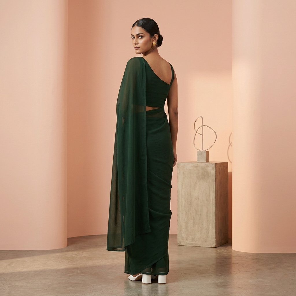 Plain chiffon saree in Dark Green