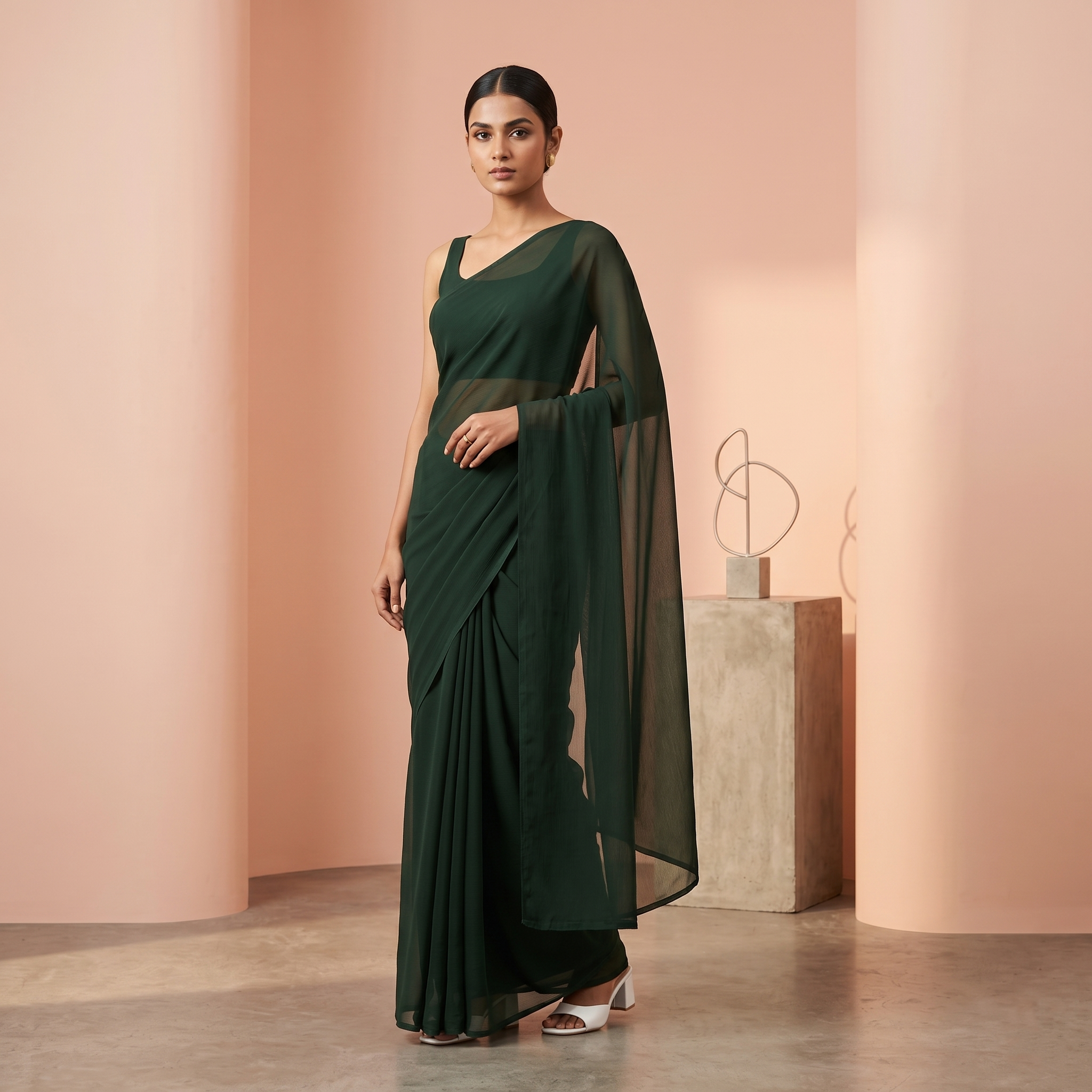 Plain chiffon saree in Dark Green