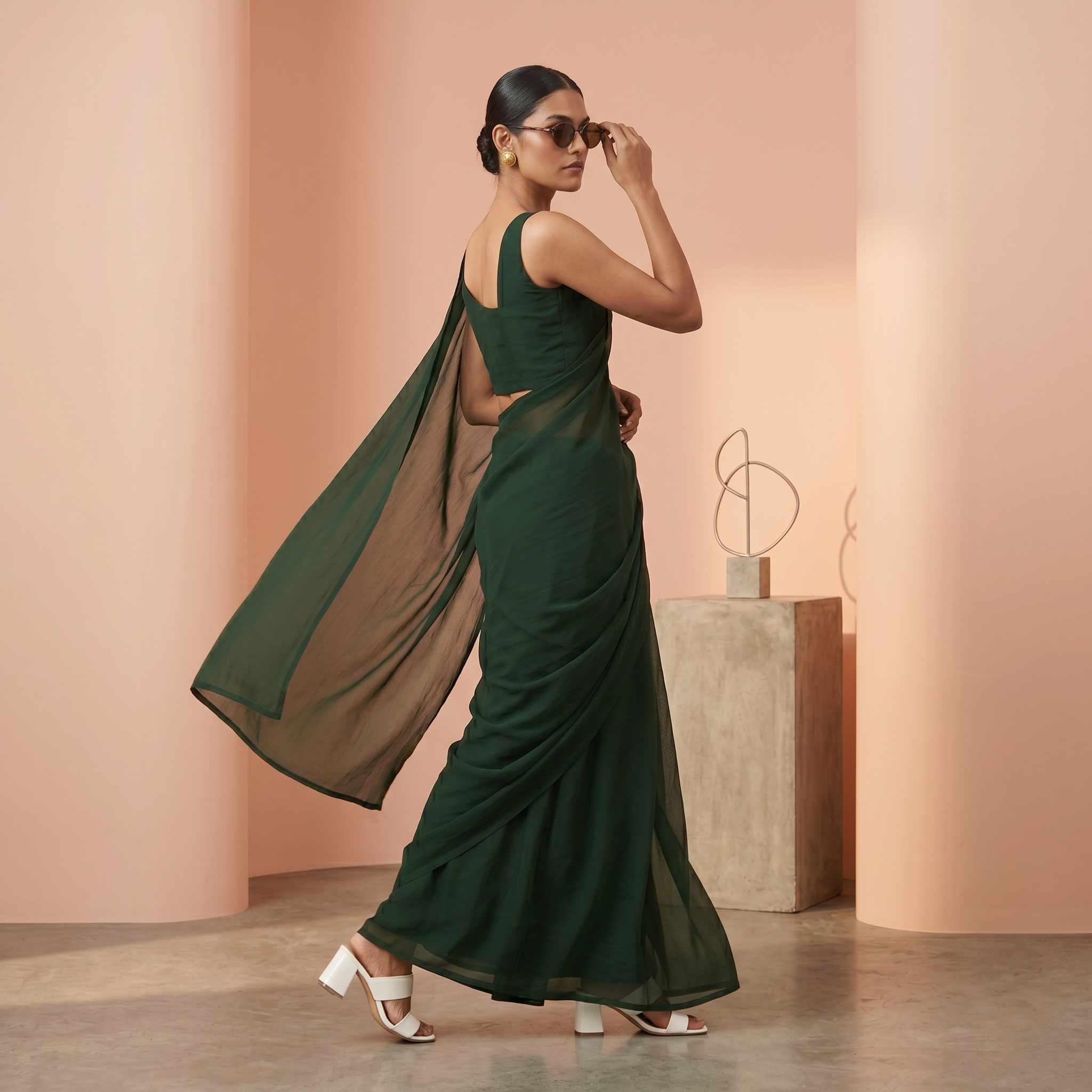 Plain chiffon saree in Dark Green