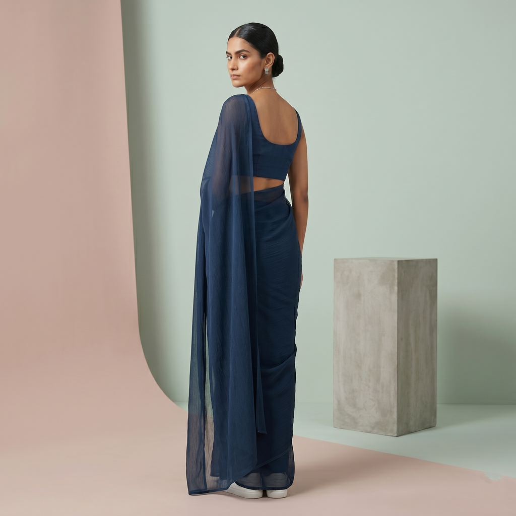 Plain chiffon saree in Dark teal blue
