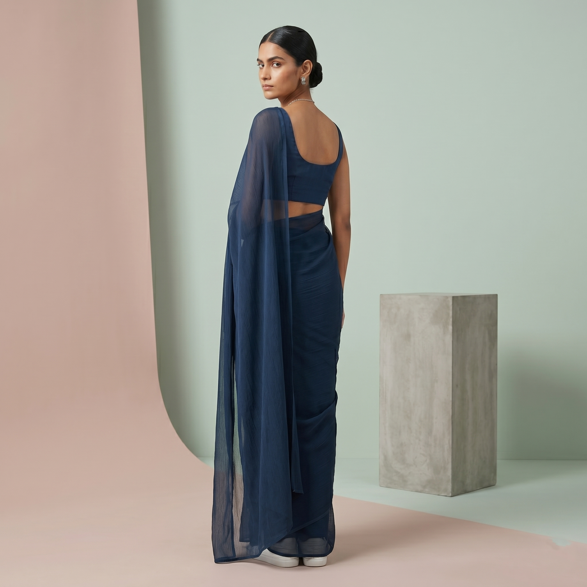 Plain chiffon saree in Dark teal blue