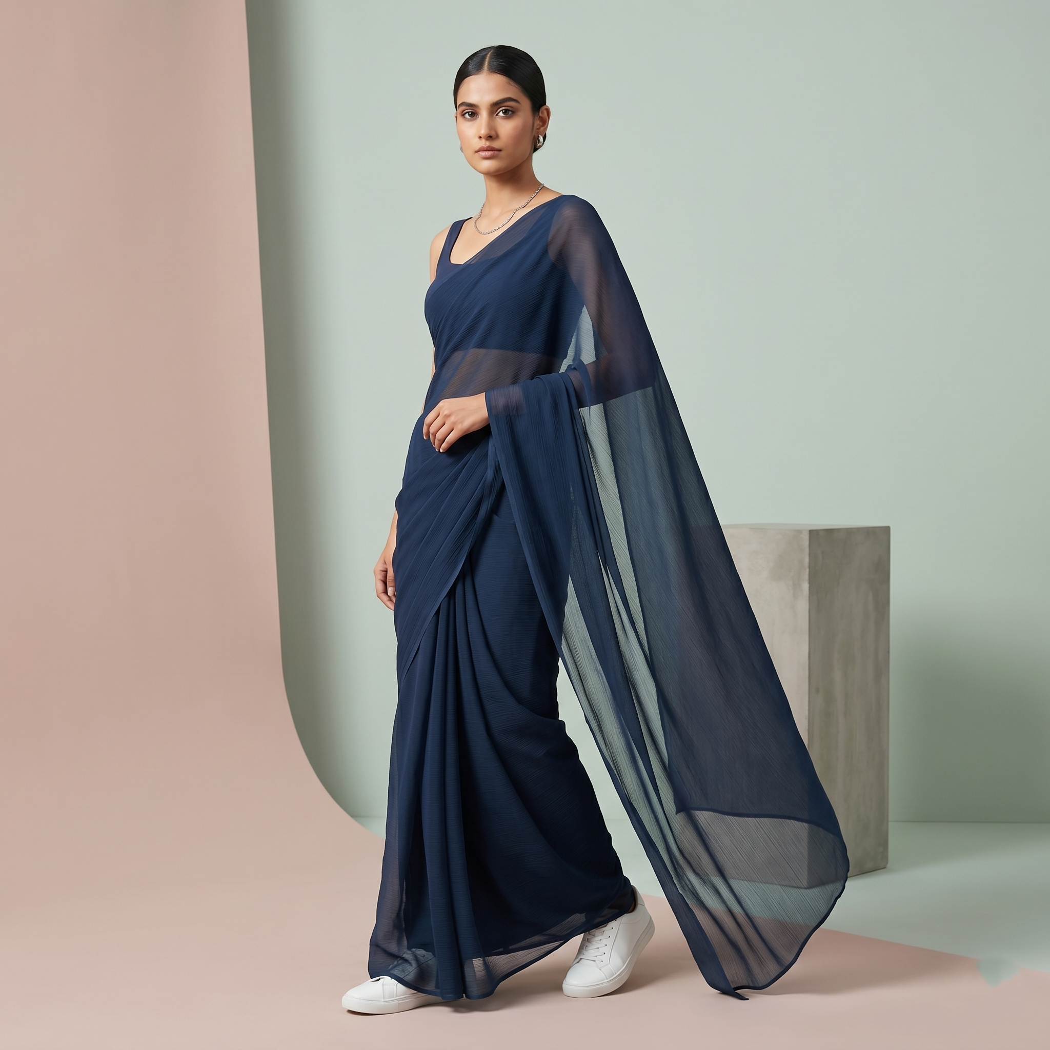 Plain chiffon saree in Dark teal blue