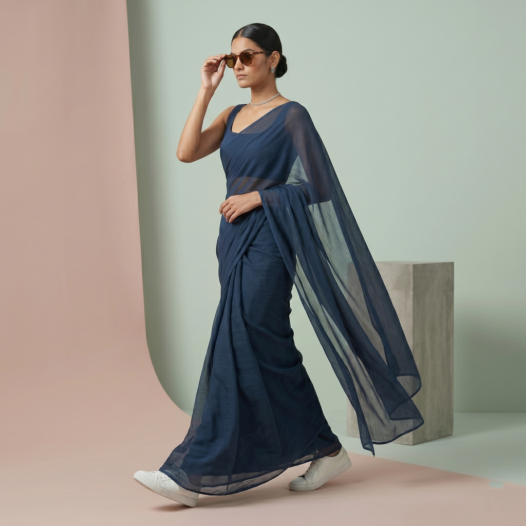 Plain chiffon saree in Dark teal blue