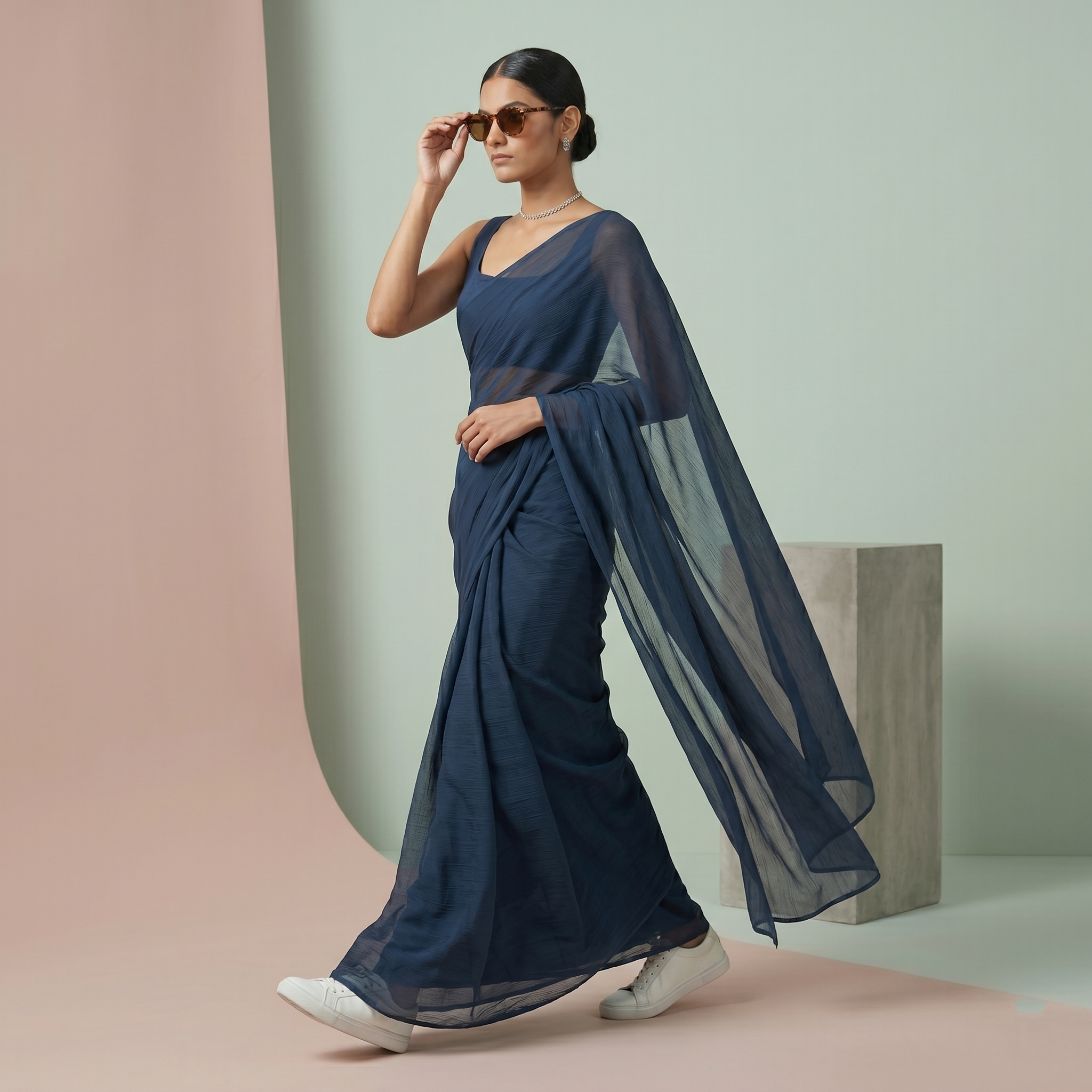 Plain chiffon saree in Dark teal blue