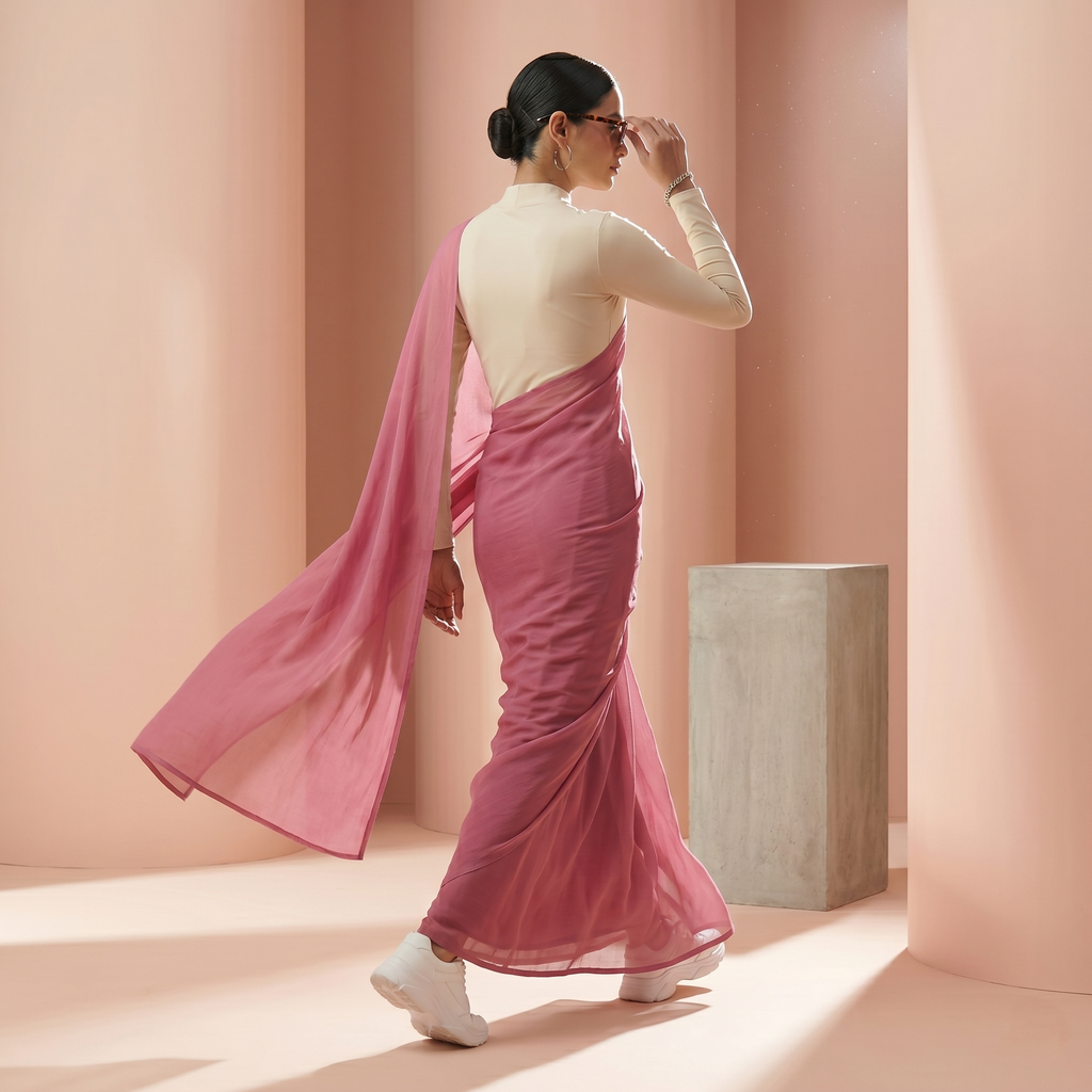 Plain chiffon saree in Dusty pink