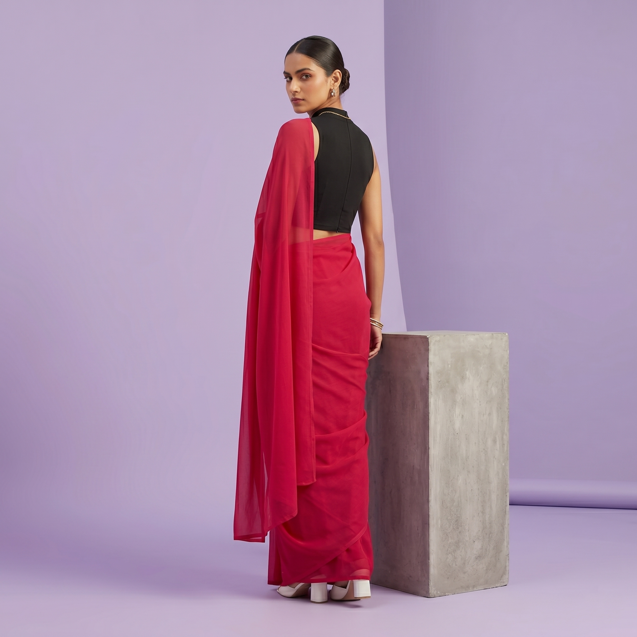 Plain chiffon saree in Hot pink
