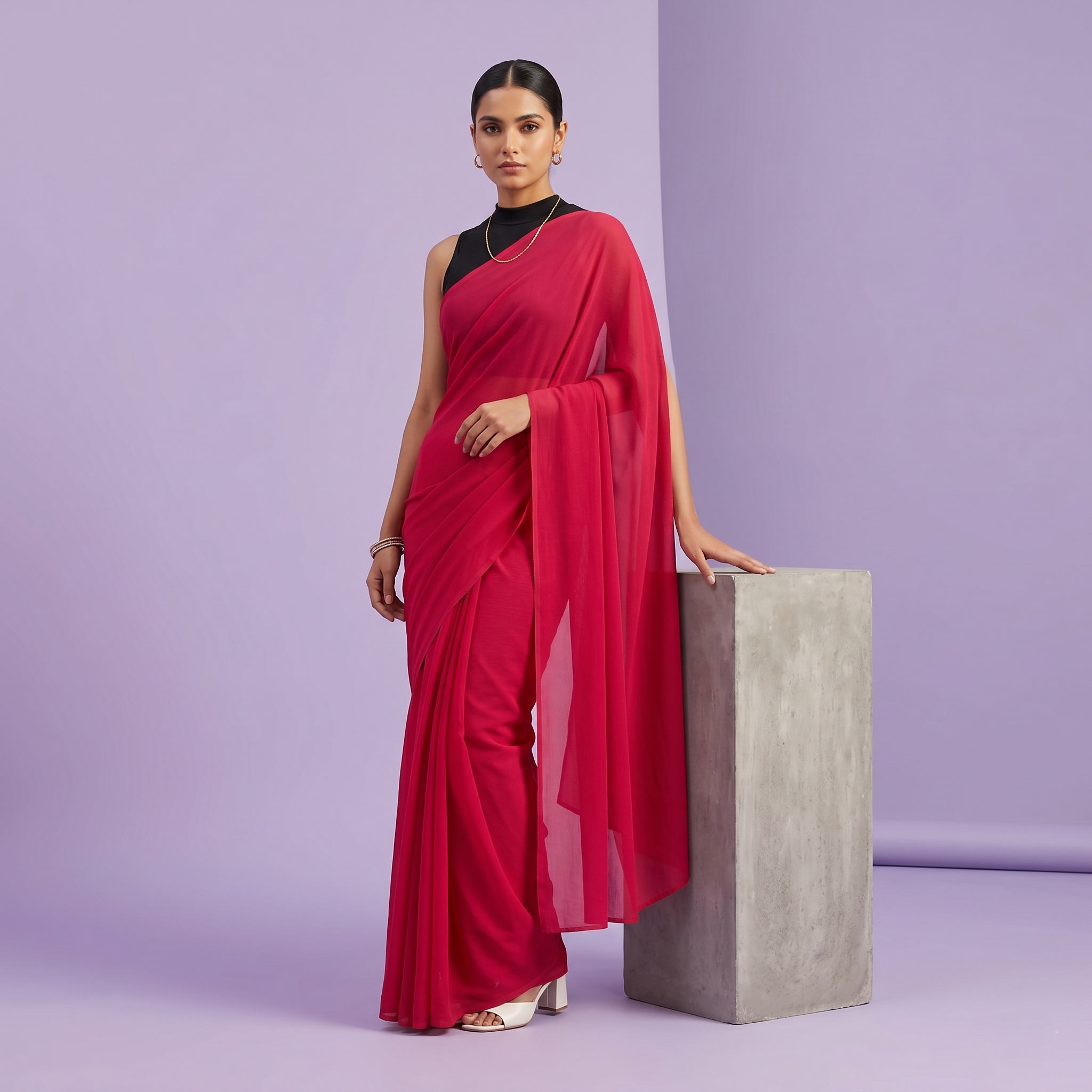 Plain chiffon saree in Hot pink