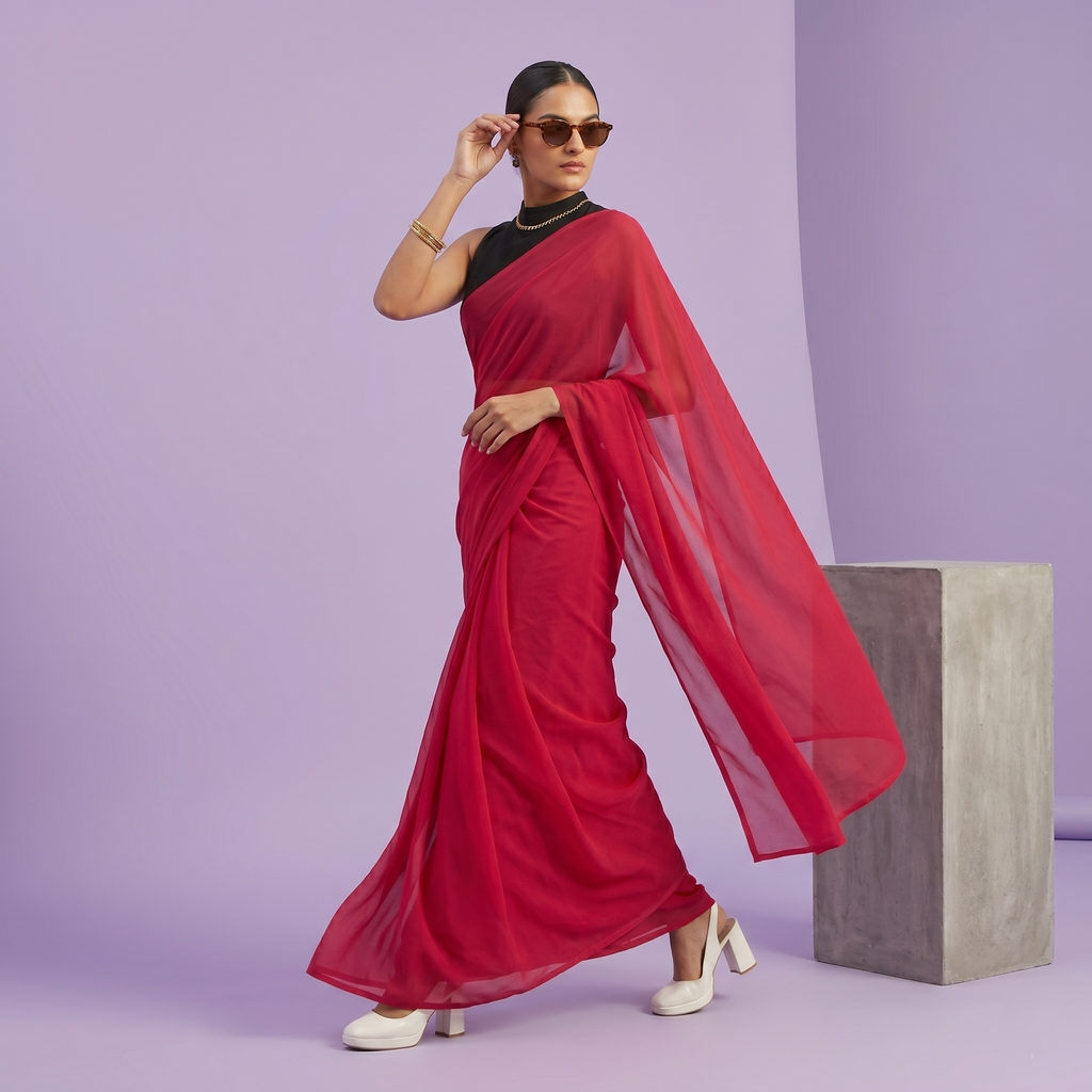 Plain chiffon saree in Hot pink