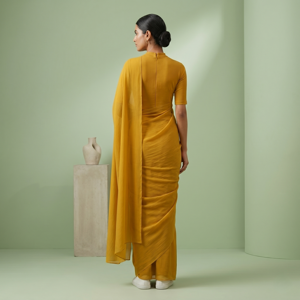 Plain chiffon saree in Mustard