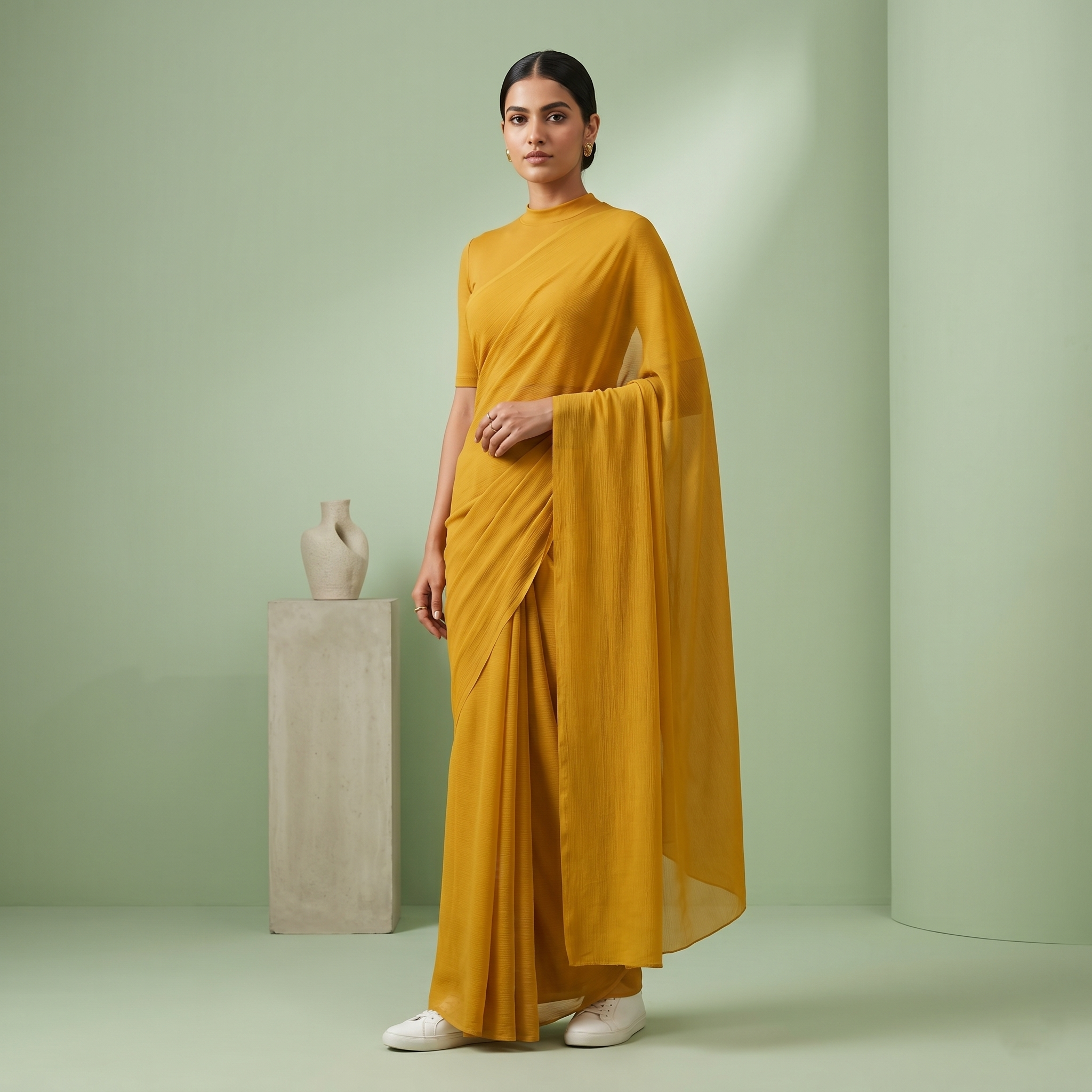 Plain chiffon saree in Mustard
