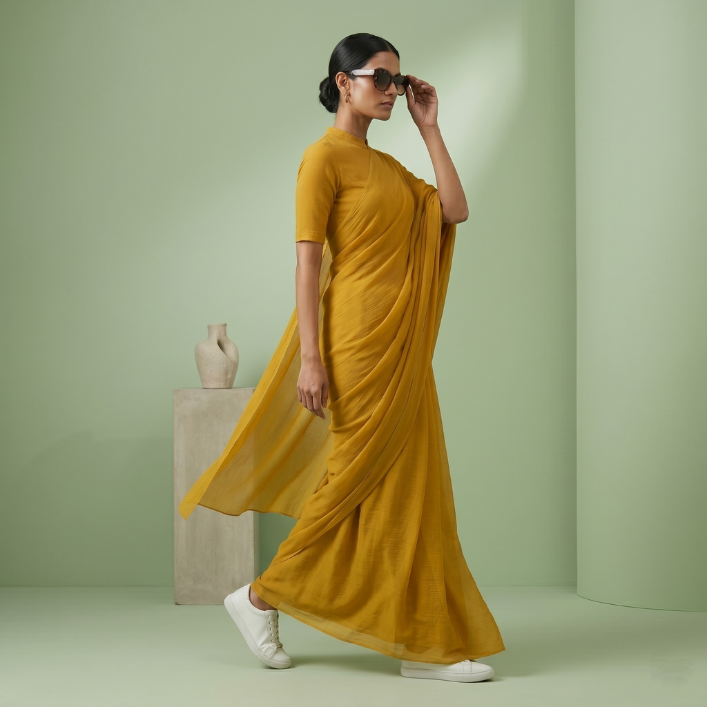 Plain chiffon saree in Mustard
