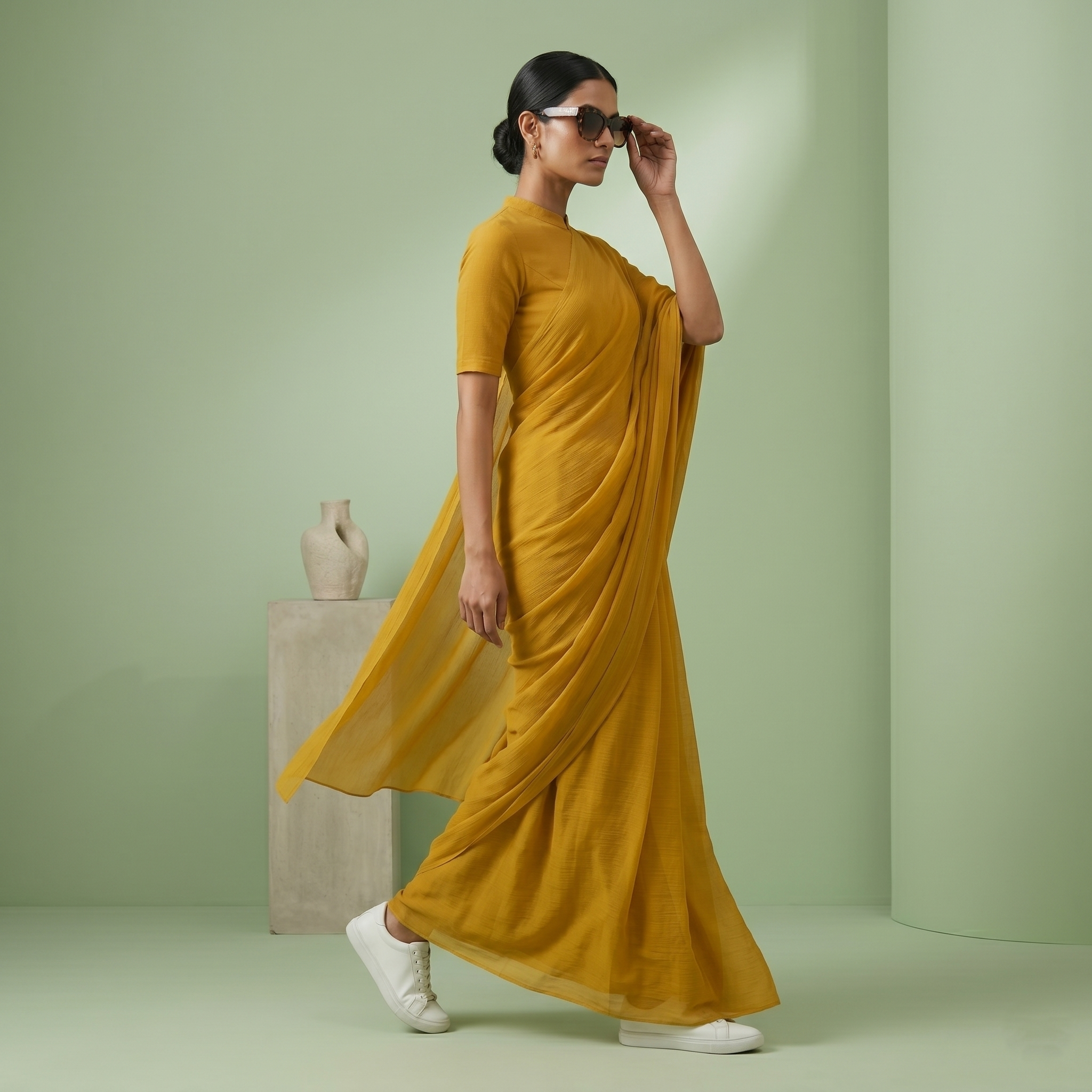 Plain chiffon saree in Mustard