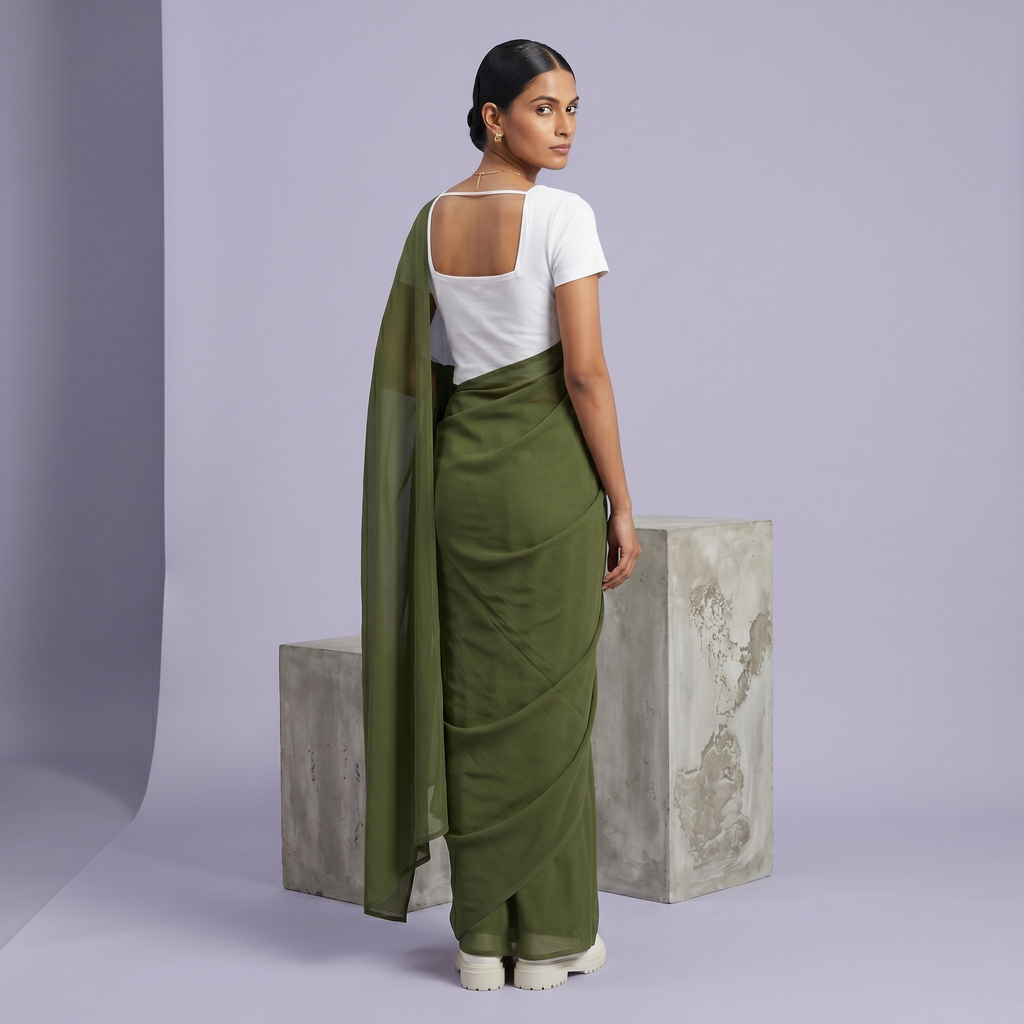 Plain chiffon saree in Olive Green