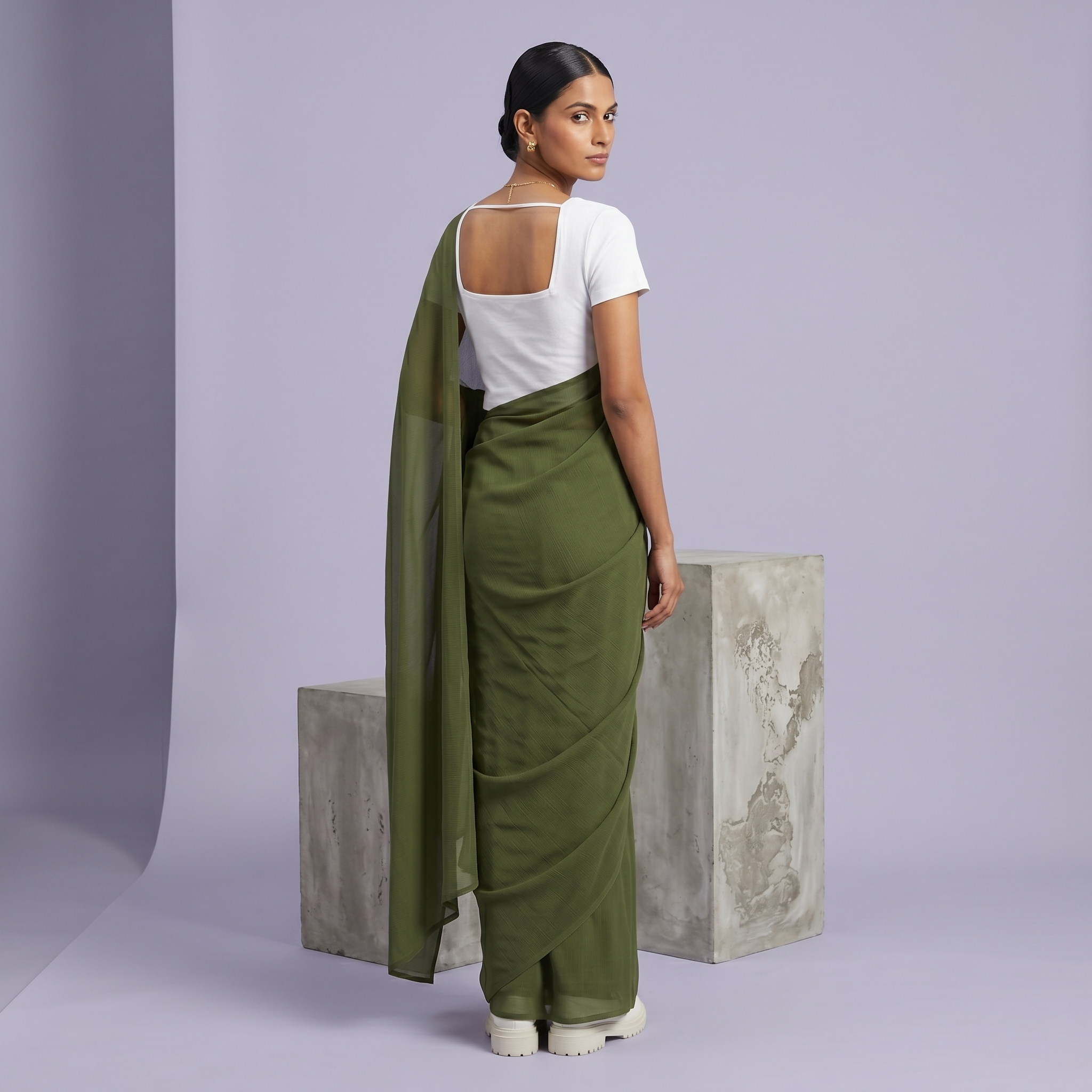Plain chiffon saree in Olive Green
