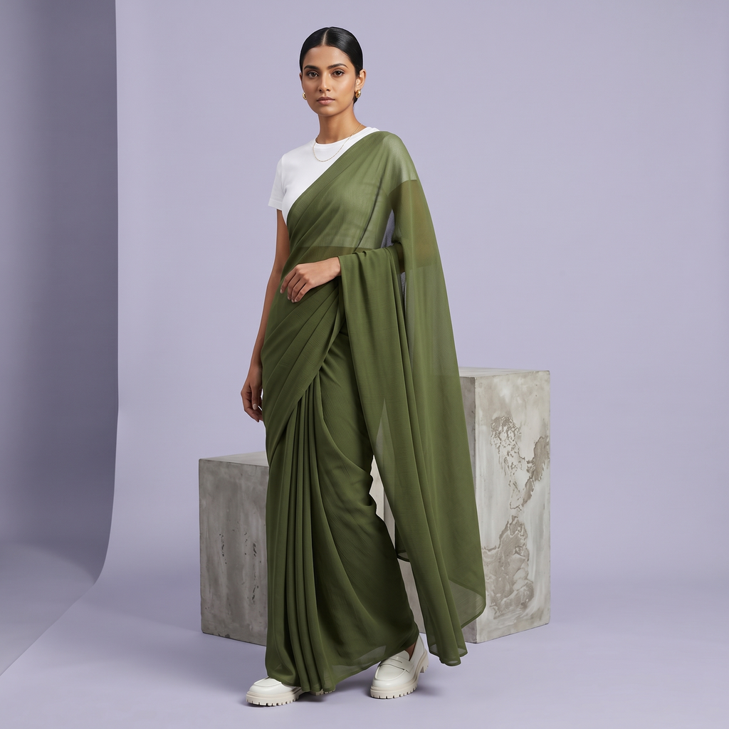 Plain chiffon saree in Olive Green