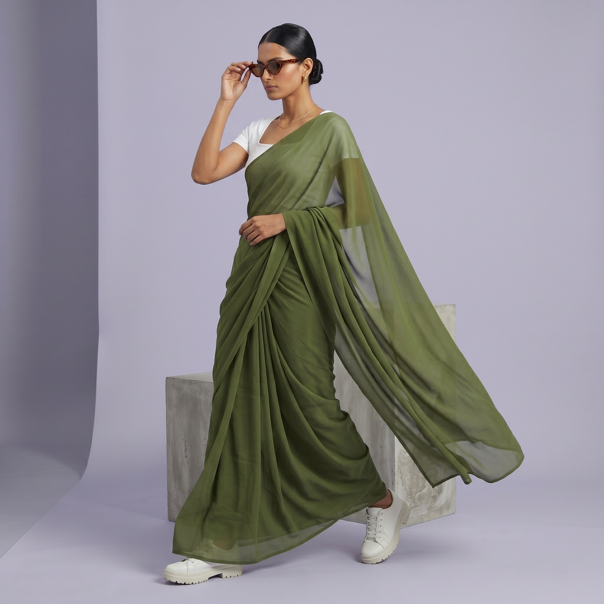 Plain chiffon saree in Olive Green