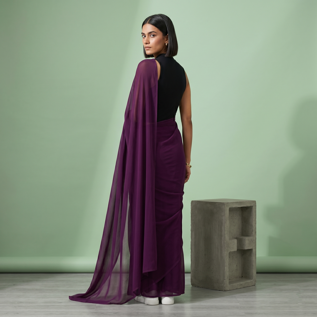 Plain chiffon saree in Purple wine