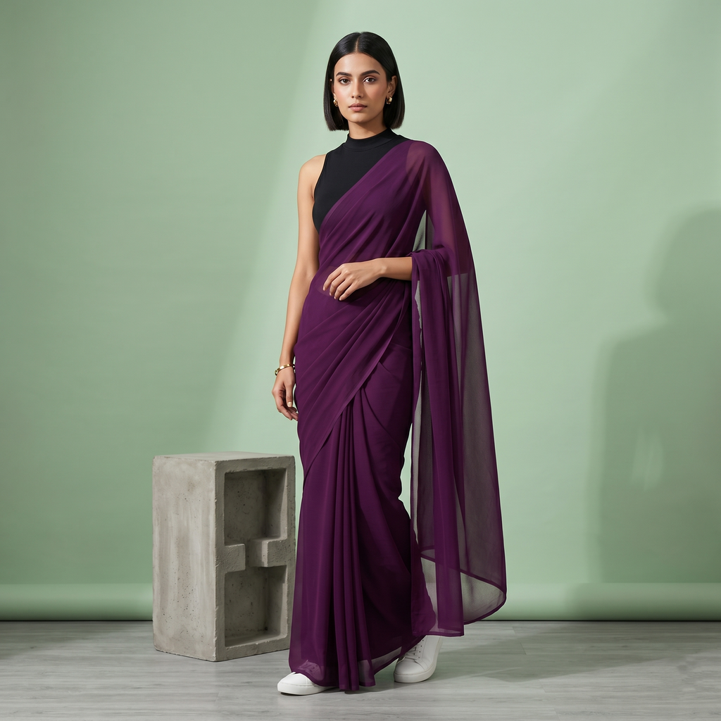 Plain chiffon saree in Purple wine