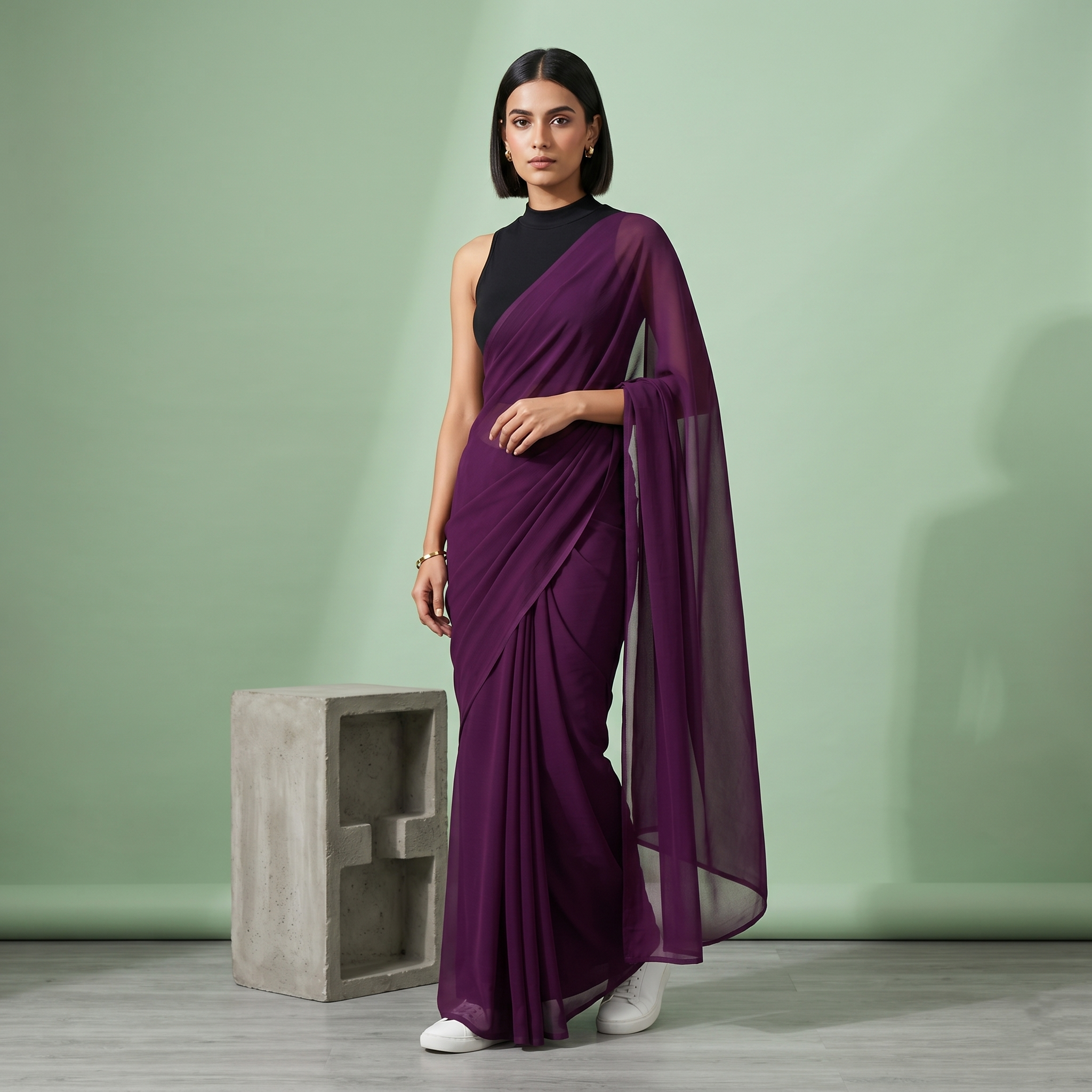 Plain chiffon saree in Purple wine